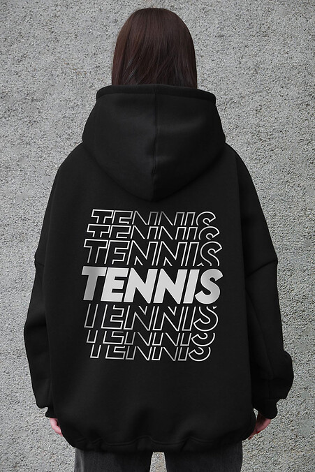 Schwarzer Damen-Oversize-Hoodie aus Fleece mit Kapuze und Tennis-Print - #8056534