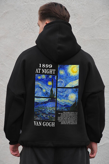 Czarna męska bluza oversize z flisu z kapturem i nadrukiem Van Gogh - #8056539