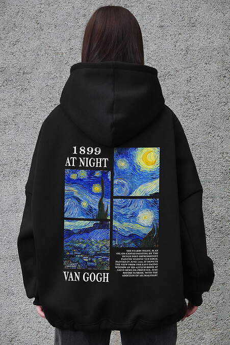Женское оверсайз-худи-толстовка на флисе с капюшоном и принтом Van Gogh Black - #8056540