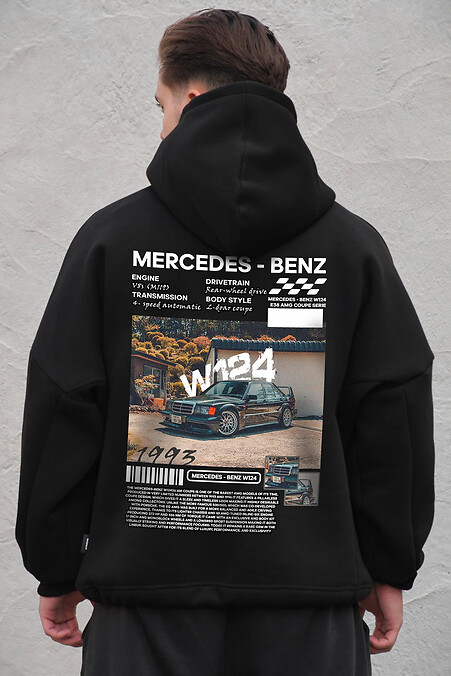Czarna męska bluza oversize z flisu z kapturem i nadrukiem W124 Mercedes-Benz - #8056541