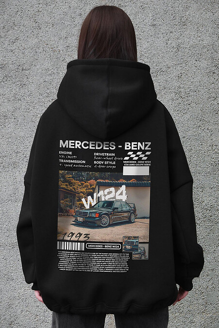 Schwarzer Damen-Oversize-Hoodie aus Fleece mit Kapuze und W124 Mercedes-Benz-Print - #8056542