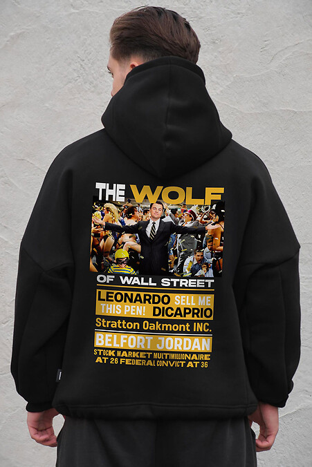 Czarna męska bluza oversize z flisu z kapturem i nadrukiem Wolf - #8056543
