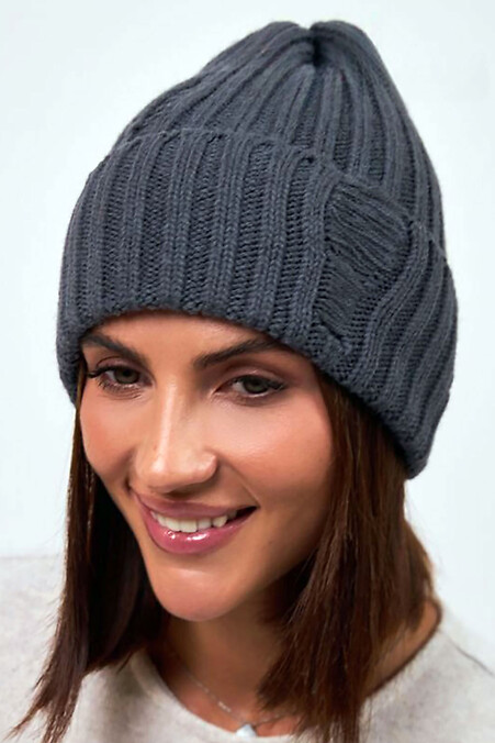 Graphitfarbene Damen-Strickmütze mit Umschlag - #4496552