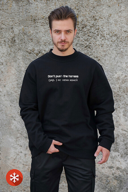 Men's Insulated Oversized Fleece Sweatshirt With Print Don't Rush Horses Black - #8055574