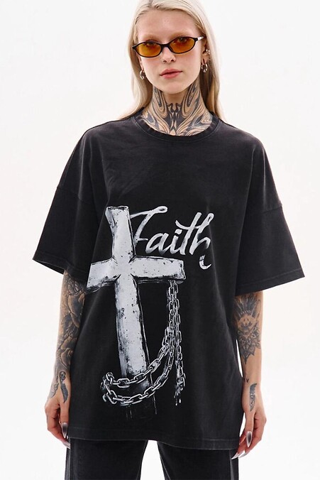 Oversized T-shirt with boiled effect "Christ". T-shirts. Color: black. #8037576