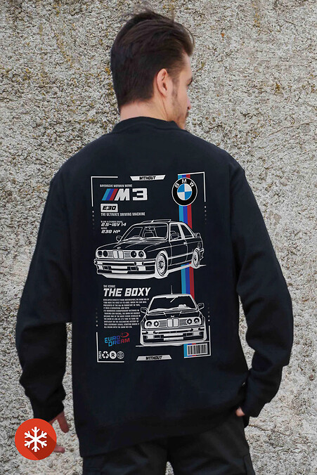 Чоловічий Утеплений Оверсайз Світшот На Флісі З Принтом BMW Black - #8055580