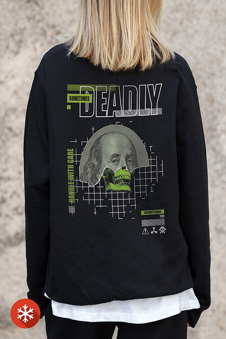 Women's Insulated Oversized Fleece Sweatshirt With Deadly Black Print - #8055591