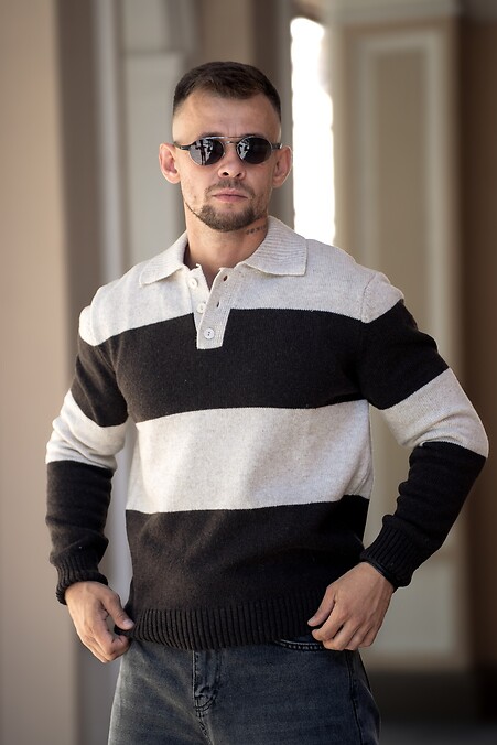 Męski sweter polo w paski Sweter polo beżowo-brązowy - #8034593