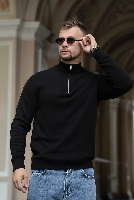 Męski sweter z zamkiem błyskawicznym, bawełniany, czarny - #8034597