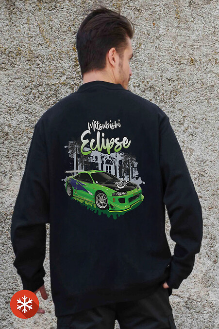Men's Insulated Oversized Fleece Sweatshirt With Printed Eclips Black - #8055602