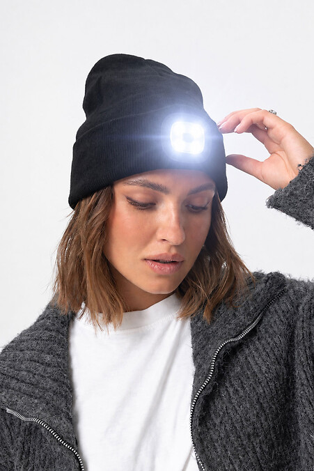 Женская Трикотажная Шапка Бини Докер с LED фонарем USB LightOn Black - #8056602