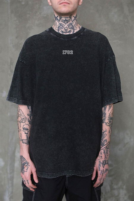 8049594 Men's Washed Oversized T-Shirt With Print 1702 Black - #8049604