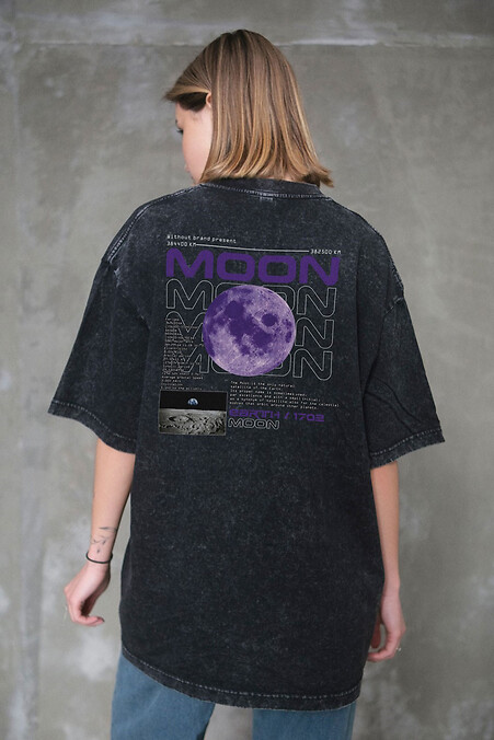 8049594 Women's Washed Oversized Moon Print T-Shirt Black - #8049609