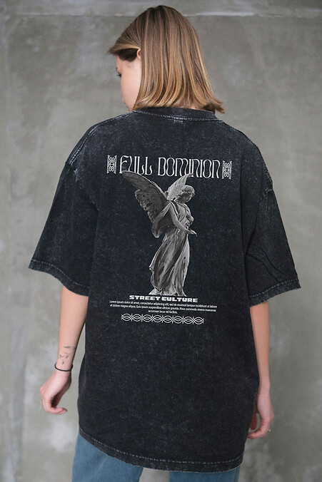 8049594 Women's Washed Oversized Dominion Print T-Shirt Black - #8049611