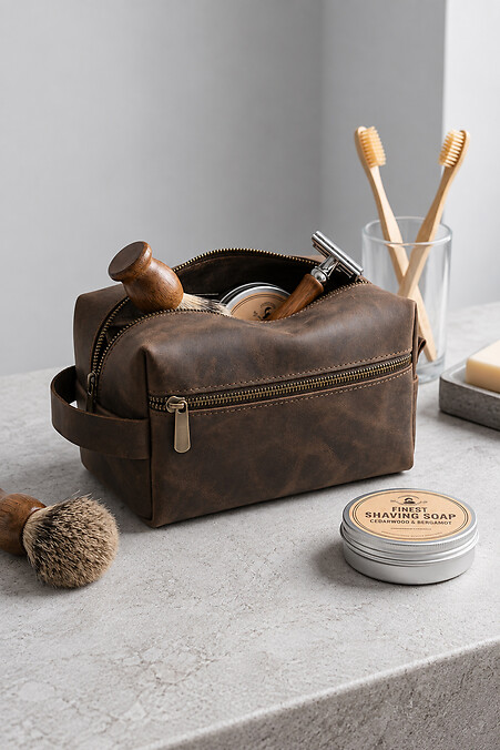 Kosmetiktasche aus echtem Leder, ohne Sakvoyaj, groß, braun - #8056611