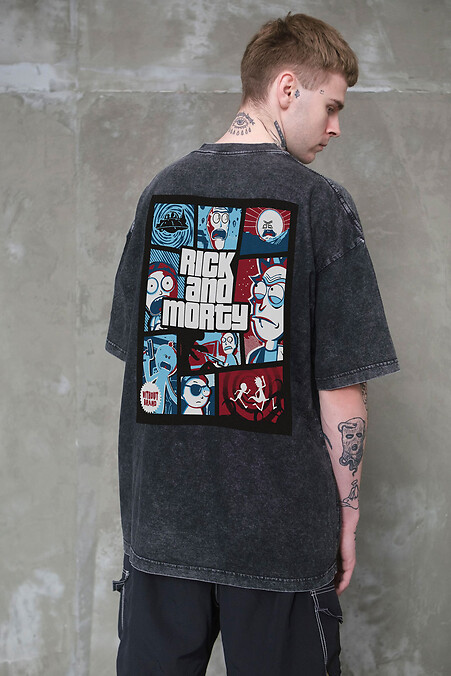 8049594 Men's Washed Oversized Rick and Morty Black Print T-Shirt - #8049612