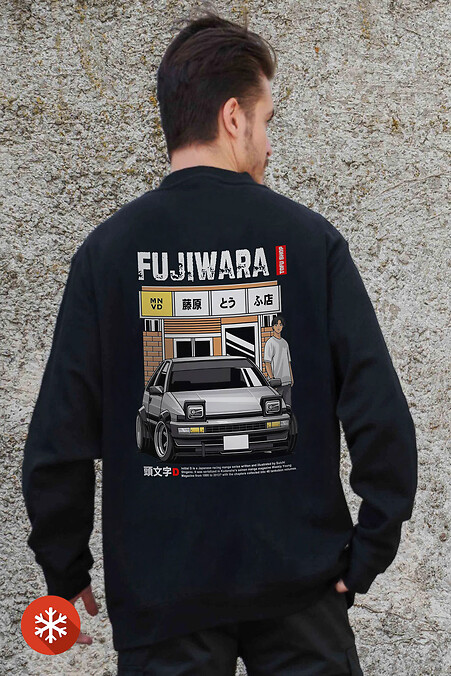 Мужской Утепленный Оверсайз Свитшот На Флисе С Принтом Fujiwara Black - #8055612