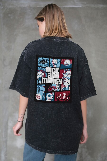 8049594 Women's Washed Oversized Rick and Morty Black Print T-Shirt - #8049613