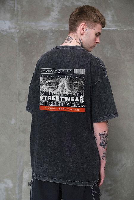 8049594 Mens Washed Oversized T-Shirt Streetwear Black - #8049618
