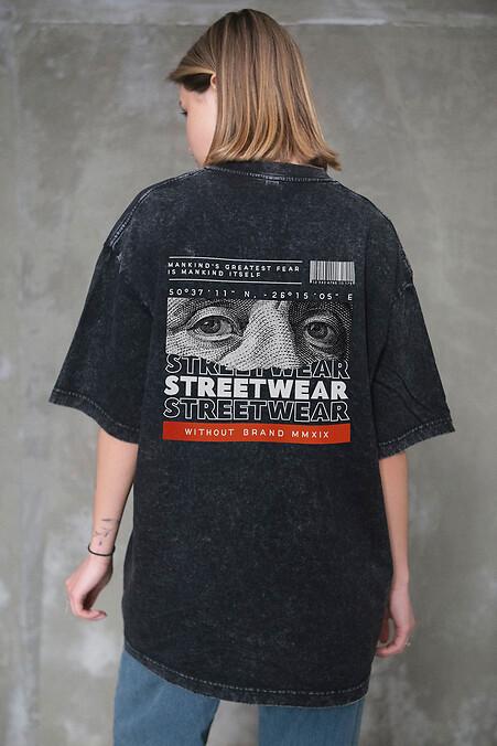 8049594 Womens Washed Oversized T-Shirt With Print Streetwear Black - #8049619