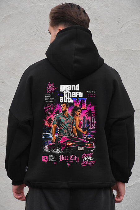 Męska bluza polarowa z kapturem oversize z nadrukiem GTA w kolorze czarnym - #8056620