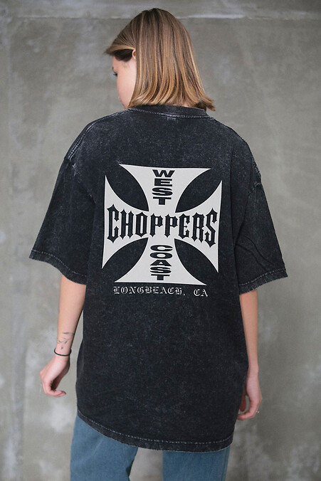 8049594 Damski oversizowy t-shirt z nadrukiem Choppers w kolorze czarnym - #8049621