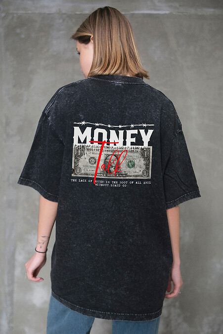 8049594 Women's Washed Oversized Talk Black Print T-Shirt - #8049625