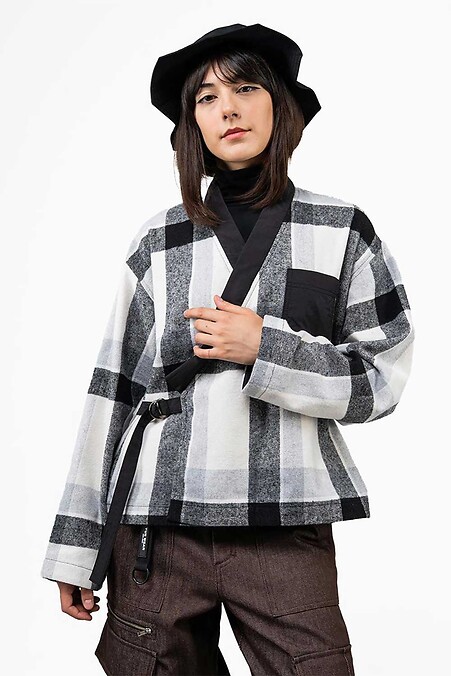 Damen-Kimonohemd aus Flanell von Kage, schwarz-weiß kariert - #8037626