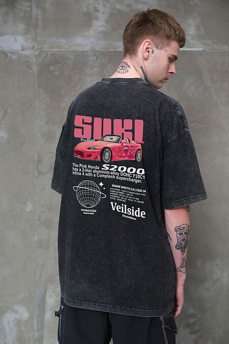 8049594 Men's Washed Oversized T-Shirt With Suki Print Black - #8049626
