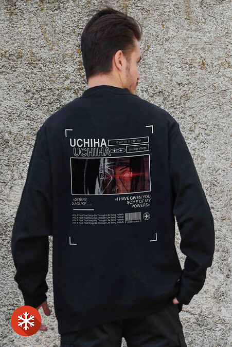 Мужской Утепленный Оверсайз Свитшот На Флисе С Принтом Uchiha Black - #8055666