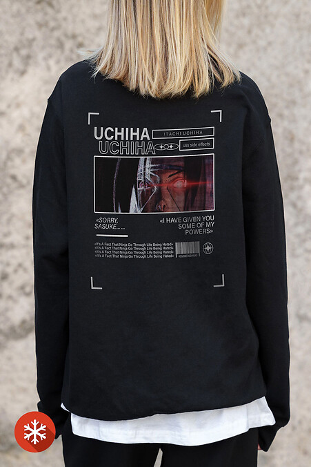 Женский Утепленный Оверсайз Свитшот На Флисе С Принтом Uchiha Black - #8055667