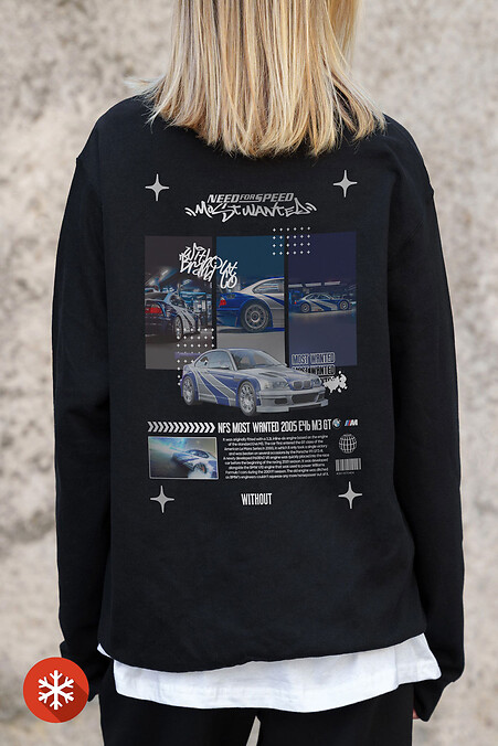 Women's Insulated Oversized Sweatshirt With Fleece Printed Wanted Black - #8055675