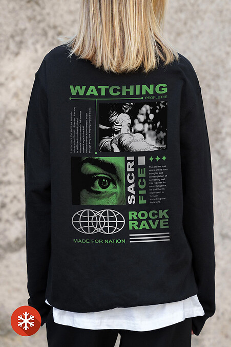 Women's Insulated Oversized Fleece Sweatshirt With Printed Watching Black - #8055677