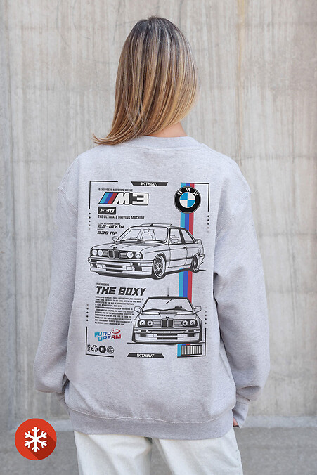 Женский Утепленный Оверсайз Свитшот На Флисе С Принтом BMW Gray - #8055689