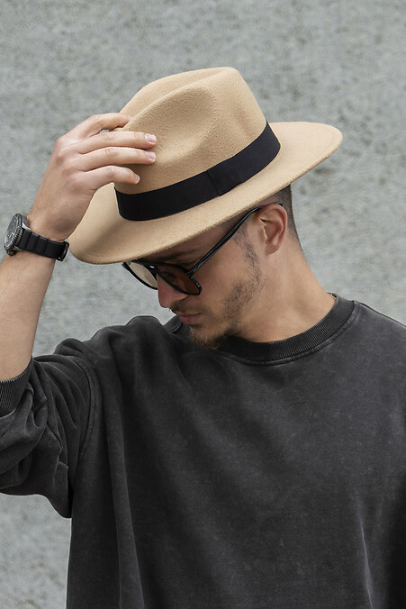Mens Fedora Hat With Ribbon Beige - #8049692