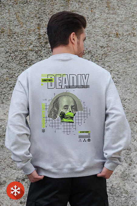 Men's Insulated Oversized Fleece Sweatshirt with Deadly Gray Print - #8055698