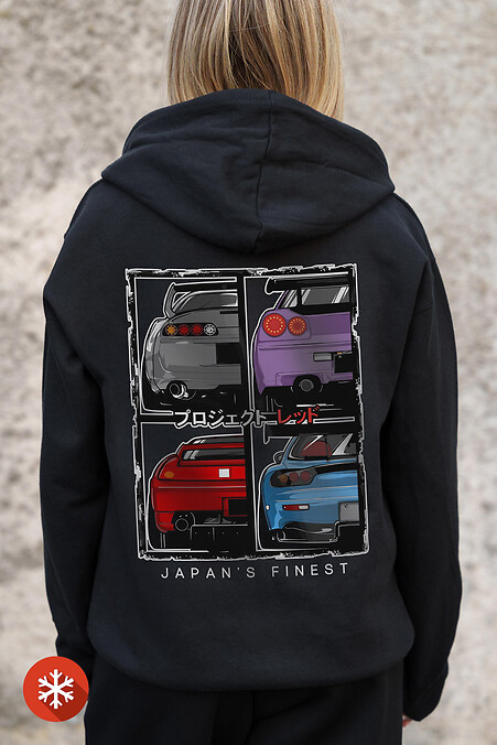 Women's Insulated Zip Hoodie On Fleece Zipper With Cars Kane Print Black - #8055791