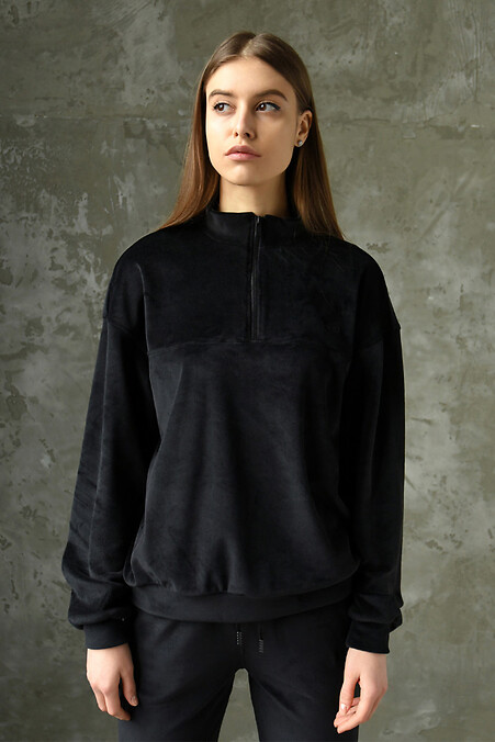 Welurowy damski sweter rozpinany z haftowanym logo | czarny 1/22 - #8011792
