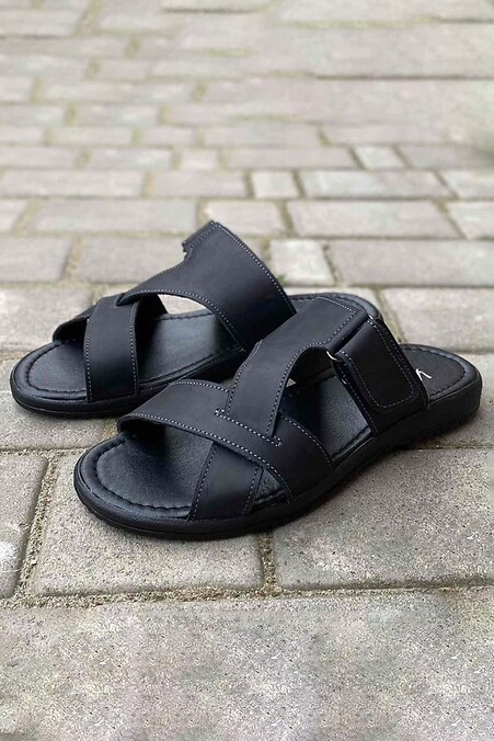 Men's summer leather flip-flops. Flip flops. Color: black. #8019796