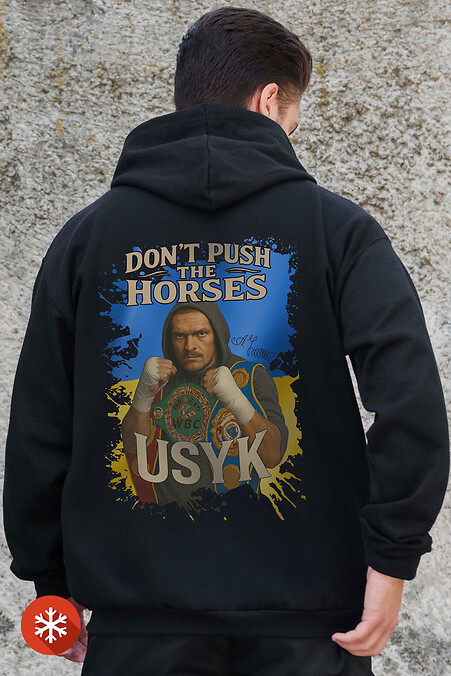 Męska ocieplana bluza z kapturem na zamek błyskawiczny z polaru z nadrukiem Dont Push The Horse Kane Black - #8055806