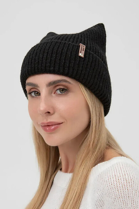 Жіночий в'язана шапка з вушками, чорна - #4038844