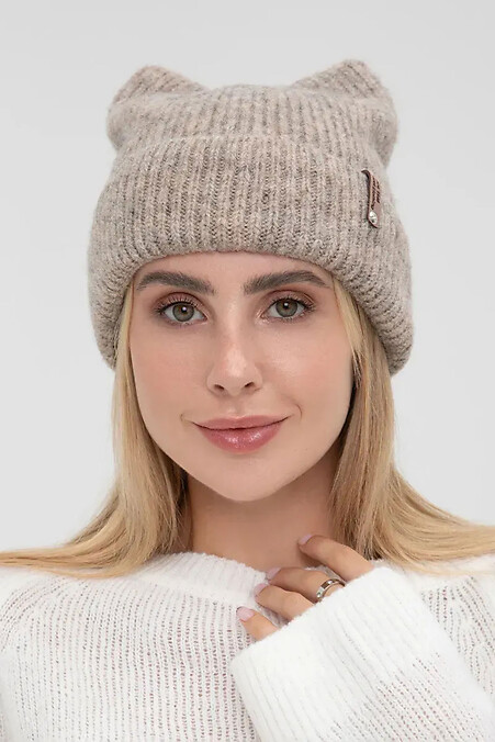 Женская вязаная шапка с ушками, темно-бежевая - #4038845