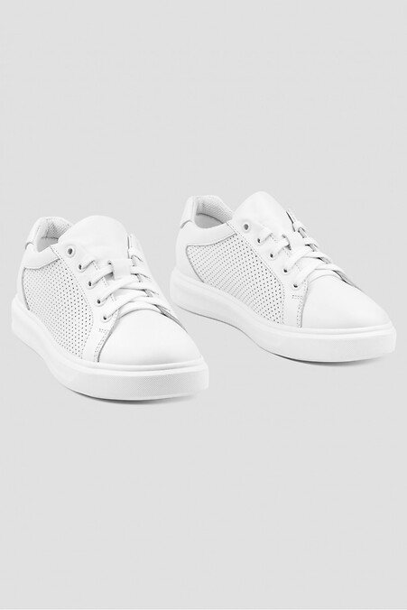 Stylish white leather sneakers with perforation - #4205856