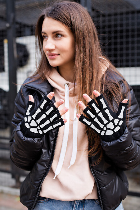Women's Fingerless Mittens with Skeleton Print in Black - #8056871