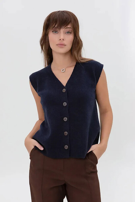 Жіночий в'язаний шерстяний жилет синього кольору - #4038876