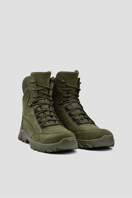 Hydrophobic nubuck fur khaki high tactical boots with a flap on a thick sole for men -20°С - #4205880