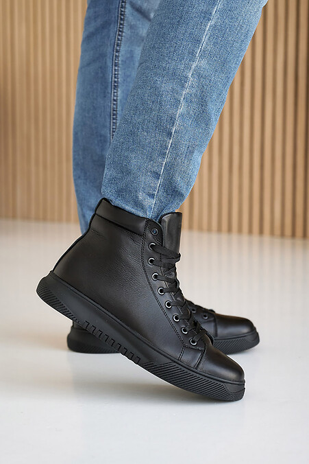Męskie skórzane sneakersy zimowe czarne. Buty. Kolor: czarny. #8019883