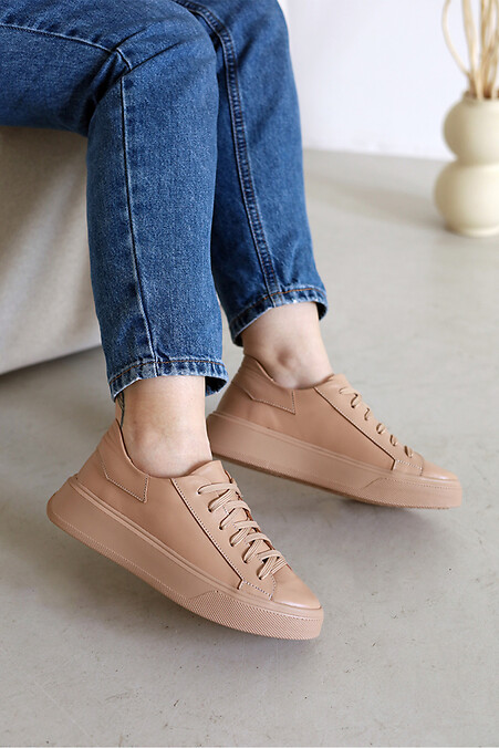 Caramel-colored leather sneakers for women - #4205885