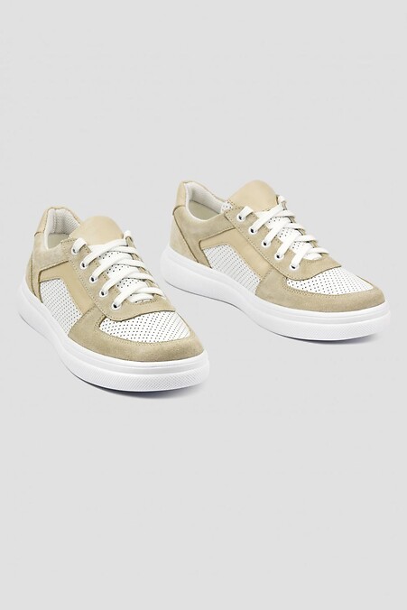 Beige suede sneakers with perforations - #4205912