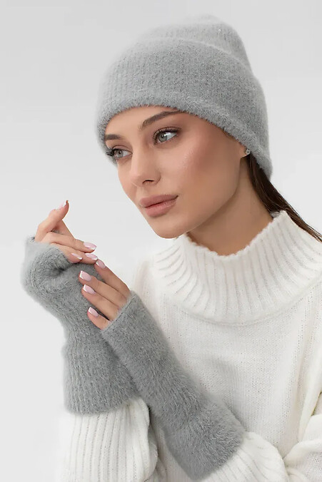 Теплый комплект шапка и митенки светло серого цвета - #4038914